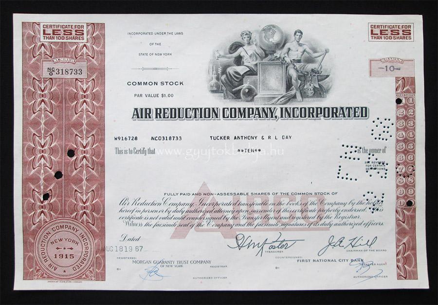 Air Reduction Company Inc. 10 r�szv�ny 1967 - g�zipar, vegyipar